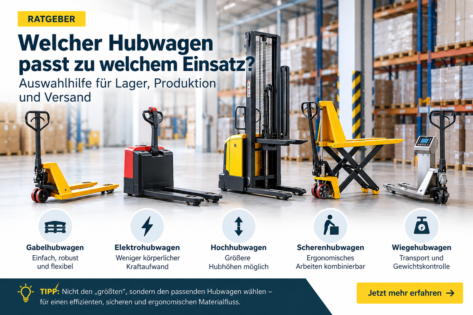 Welcher Hubwagen passt zu welchem Einsatz? Auswahlhilfe für Lager, Produktion und Versand